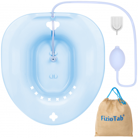 Vas FizioTab® Sitz Bath, pentru Baie de Sezut, tip Lighean pentru Wc, cu Irigator Reglabil, Asigura Igiena Locala si Ameliorarea Simptomelor Provocate de Hemoroizi, Carlig si Saculet Depozitare Inclus