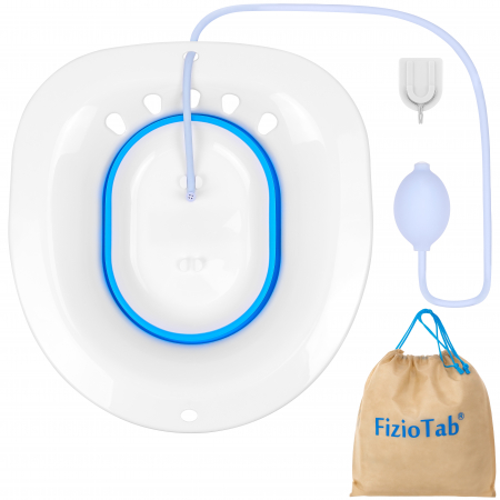 Vas bai de sezut - Vas FizioTab® Sitz Bath Pliabil, pentru Baie de Sezut, Asigura Igiena Locala si Ameliorarea Simptomelor Provocate de Hemoroizi, Carlig si Saculet Depozitare Incluse, Alb/Albastru cu Irigator Albastru