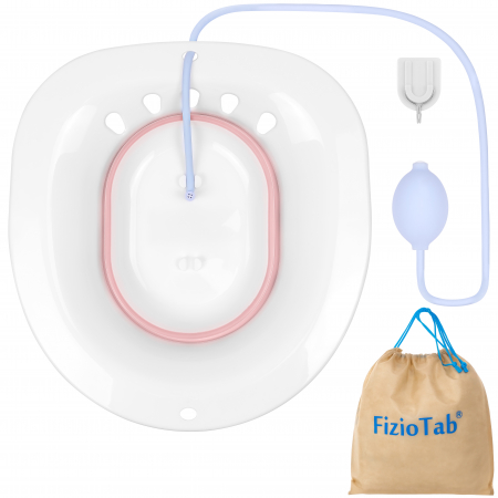 Vas FizioTab® Sitz Bath Pliabil, pentru Baie de Sezut, Asigura Igiena Locala si Ameliorarea Simptomelor Provocate de Hemoroizi, Carlig si Saculet Depozitare Incluse, Alb/Roz cu Irigator Albastru