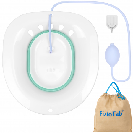 Vas bai de sezut - Vas FizioTab® Sitz Bath Pliabil, pentru Baie de Sezut, tip Lighean pentru Wc, Asigura Igiena Locala si Ameliorarea Simptomelor Locale Provocate de Hemoroizi, Alb/Verde cu Irigator Reglabil Albastru