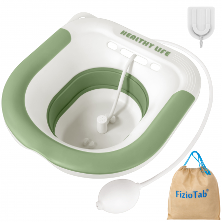 Vas bai de sezut - Vas FizioTab® Sitz Bath Pliabil, pentru Baie de Sezut, tip Lighean pentru Wc, Asigura Igiena Locala si Ameliorarea Simptomelor Provocate de Hemoroizi, Carlig si Saculet Depozitare Incluse, Alb/Verde c