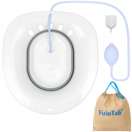 Vas bai de sezut - Vas FizioTab® Sitz Bath Pliabil, pentru Baie de Sezut, tip Lighean pentru Wc, Asigura Igiena Locala si Ameliorarea Simptomelor Provocate de Hemoroizi, Carlig si Saculet Depozitare Incluse, Alb/Gri cu