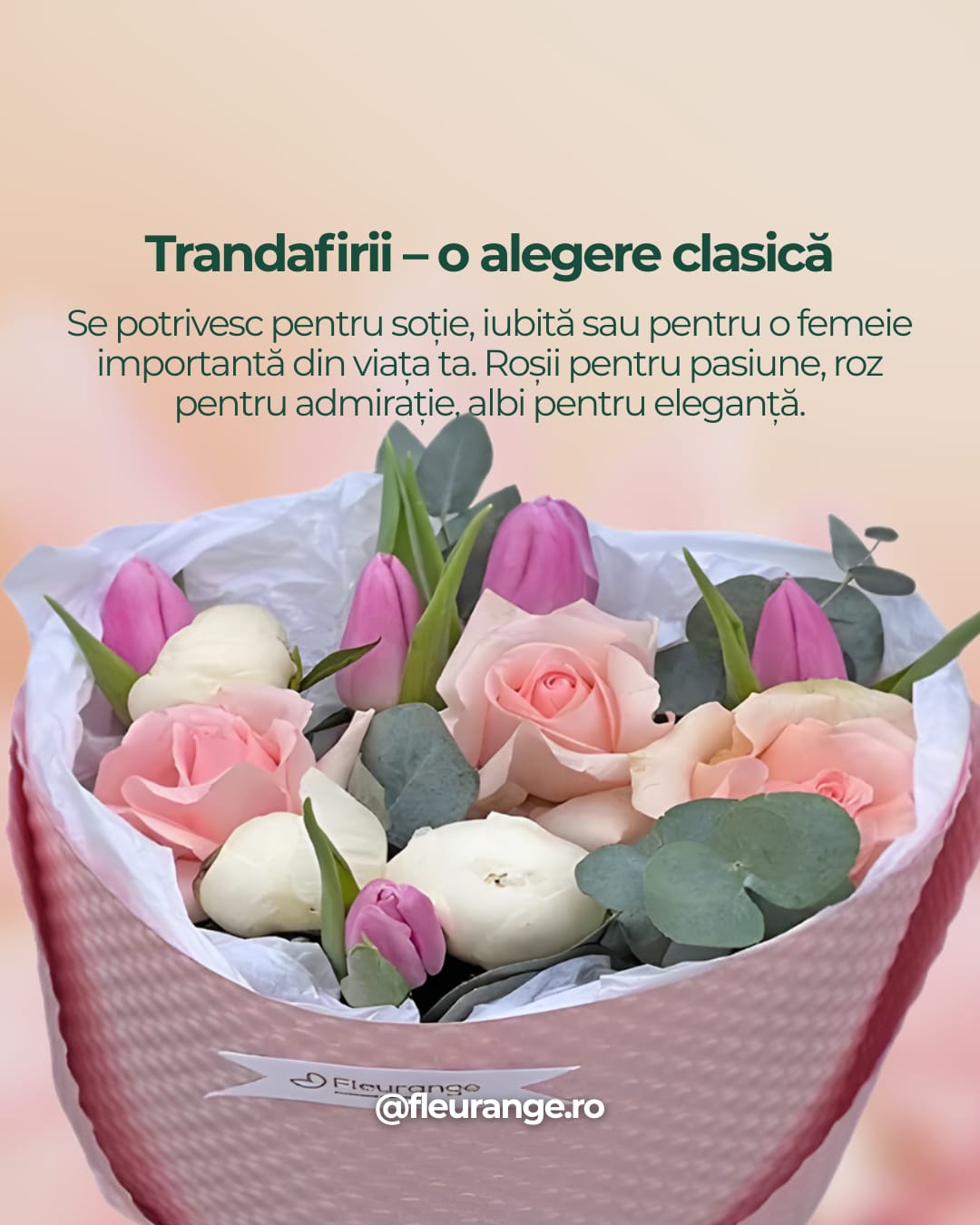 Buchet trandafiri roz și lalele pentru 8 Martie - Fleurange Baia Mare