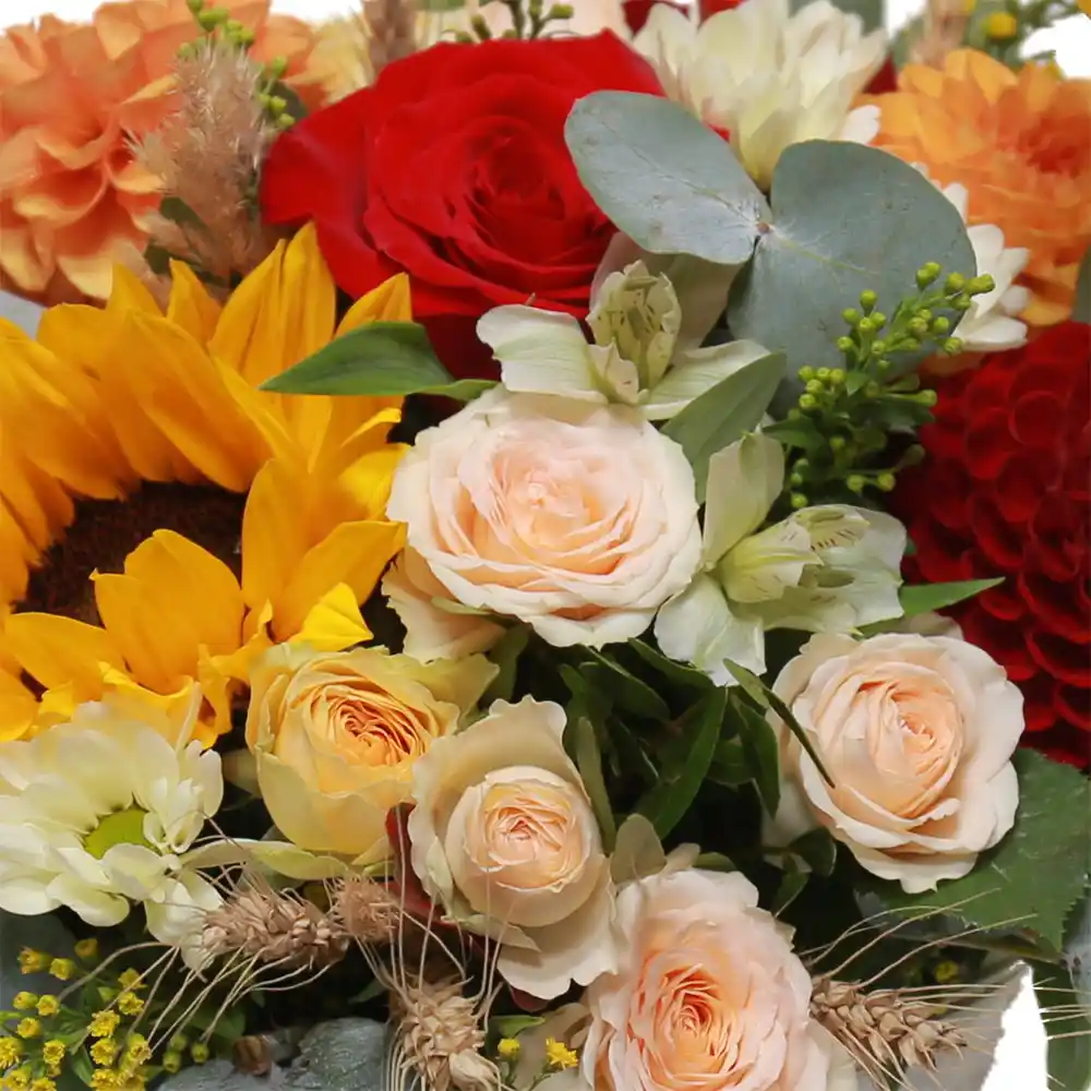 Cos Autumn Basket – dahlia, floarea-soarelui, trandafiri, spice de grau, Fleurange Baia Mare [2]
