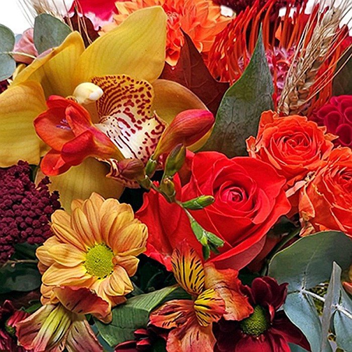 Aranjament floral Autumn Blooms cu dahlia, cymbidium, spice de grâu și trandafiri – Fleurange [2]