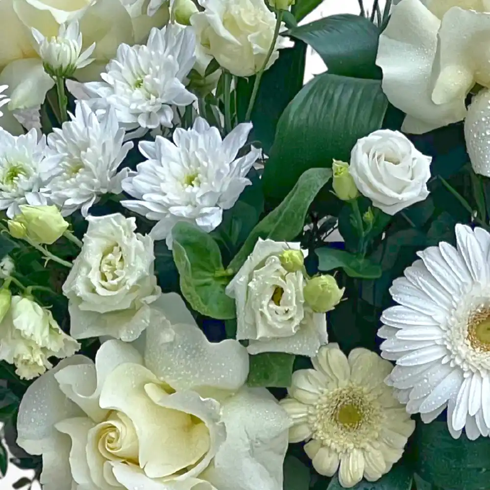 Aranjament Funerar Rămas Bun – Trandafiri Gerbera Lisianthus Crizanteme Albe, Fleurange Baia Mare [2]