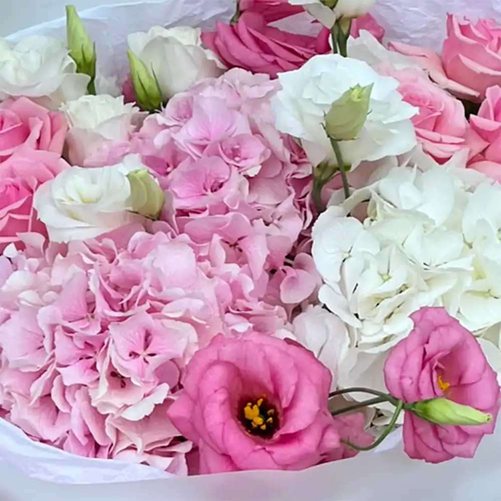 Buchet cu Hortensii Roz si Lisianthus – hortensii roz, lisianthus, trandafiri, Fleurange Baia Mare [2]