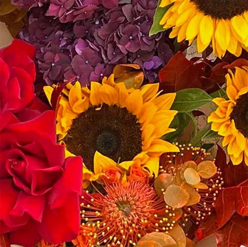 Buchet Esenta Toamnei – hortensii, floarea soarelui si trandafiri petalati, Fleurange Baia Mare [2]