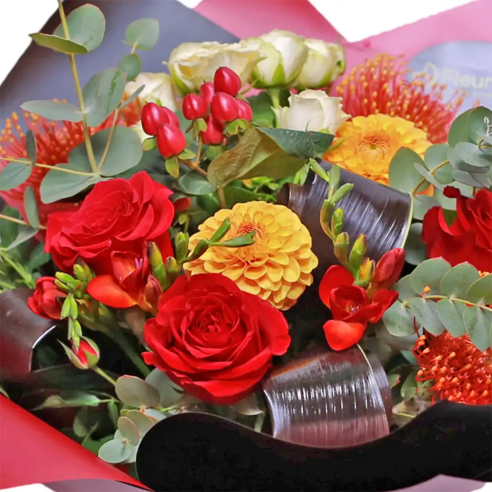 Buchet Harvest – dalii, leucospermum, frezii, trandafiri, cordyline negru, Fleurange Baia Mare [2]
