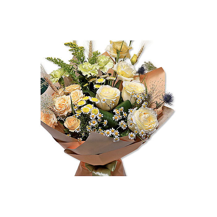 Buchet Kindness – Trandafiri roz, spice de grâu, garoafe și flori de sezon [2]