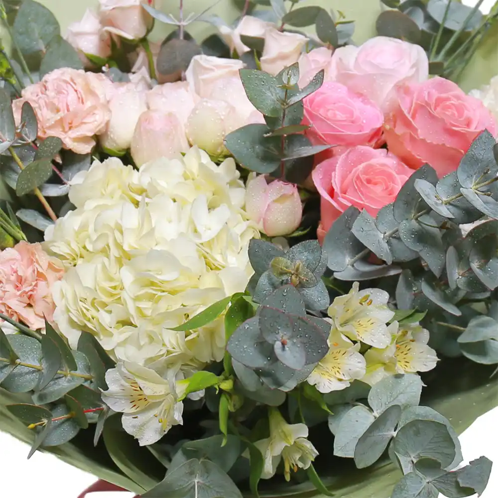 Buchet Missing You – hortensia trandafiri garoafe alstroemeria roz peach, Fleurange Baia Mare [2]