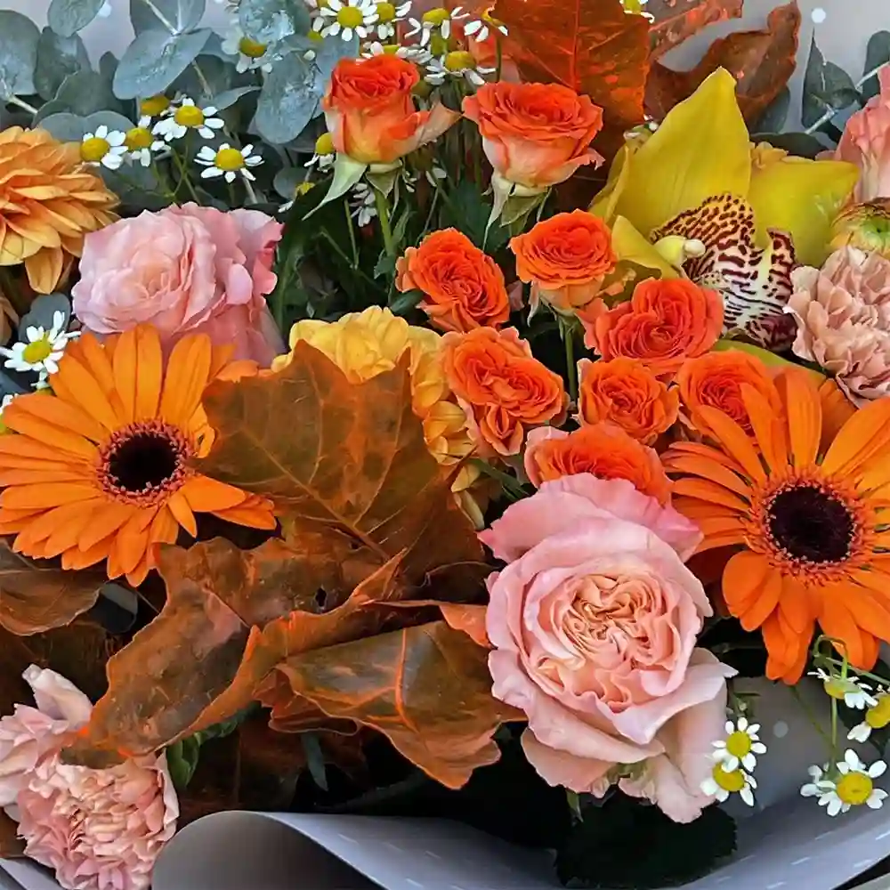 Buchet Orange Autumn – dalii, orhidee cymbidium, trandafiri portocalii, Fleurange Baia Mare [2]