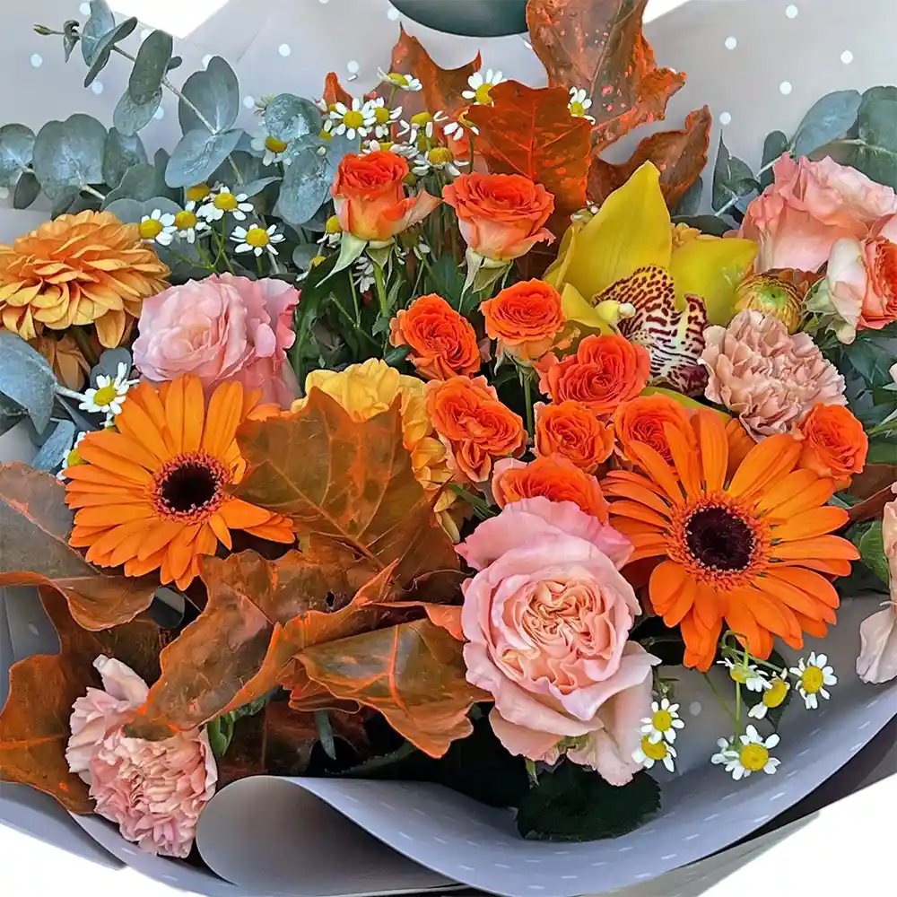 Buchet Orange Autumn – dalii, orhidee cymbidium, trandafiri portocalii, Fleurange Baia Mare [2]