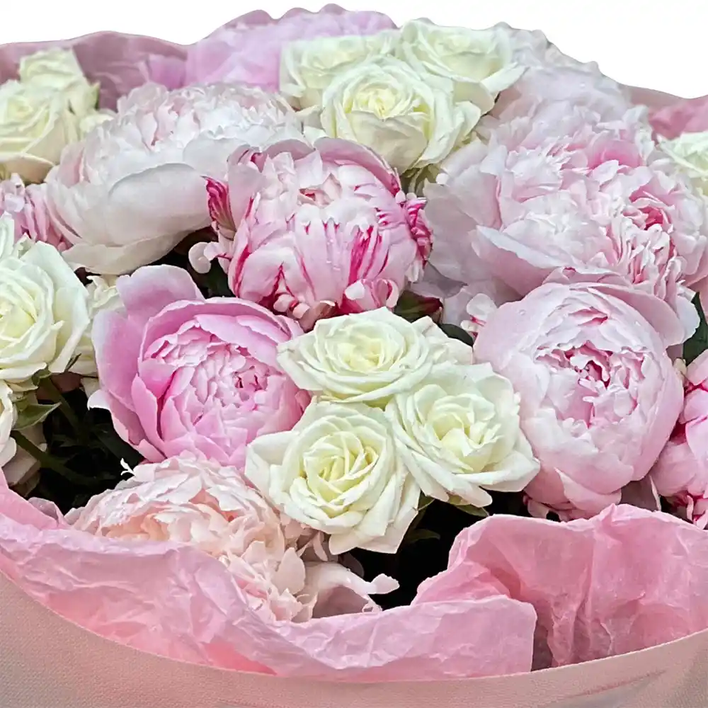 Buchet Paeonia Love – bujori peach și roz cu mini-rosa, Fleurange Baia Mare [2]
