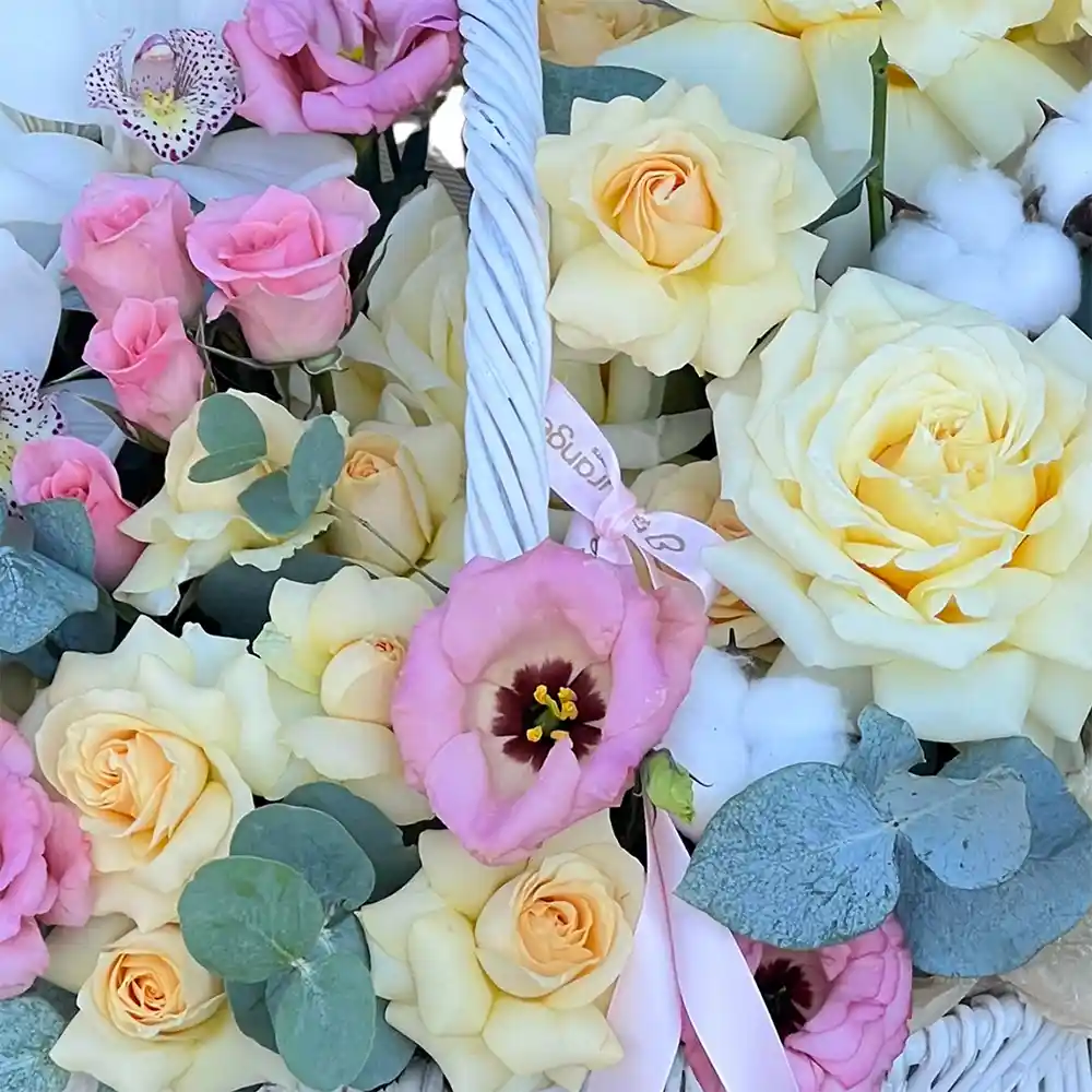 Cos cu Flori Diafan - trandafiri, cymbidium si lisianthus roz, Fleurange Baia Mare [2]