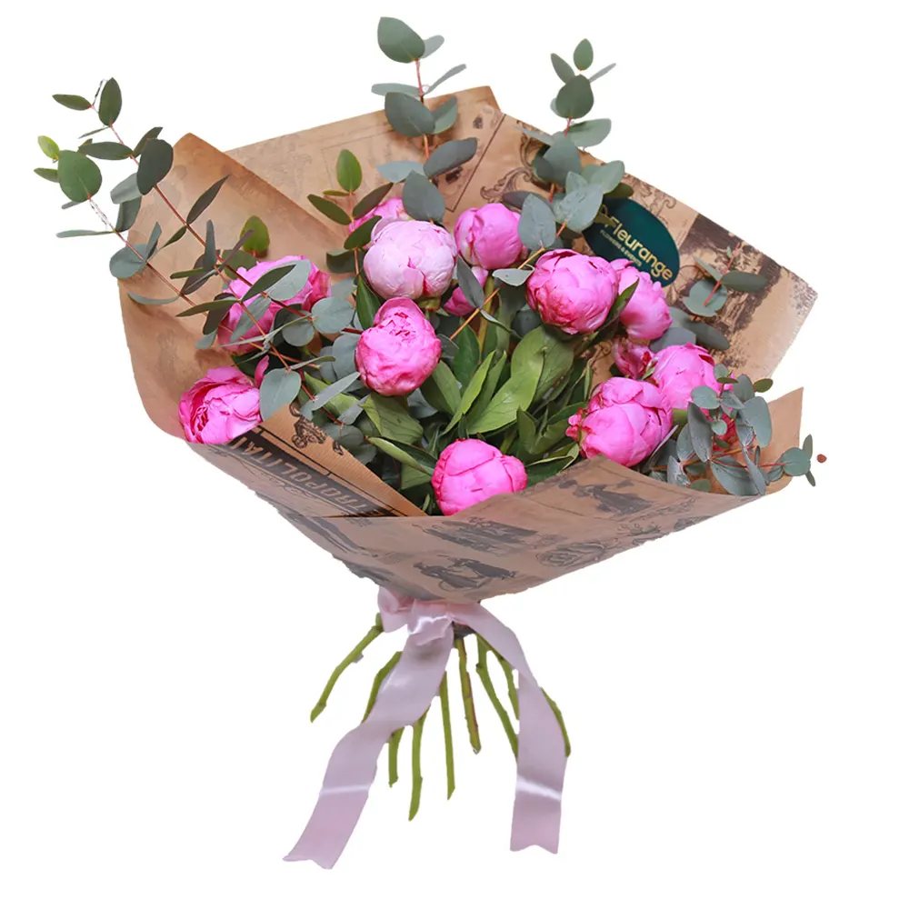 Flori de Primavara - Buchet 13 Bujori Roz și Eucalipt – Bujori Roz cu Eucalipt Cinerea, Fleurange Baia Mare