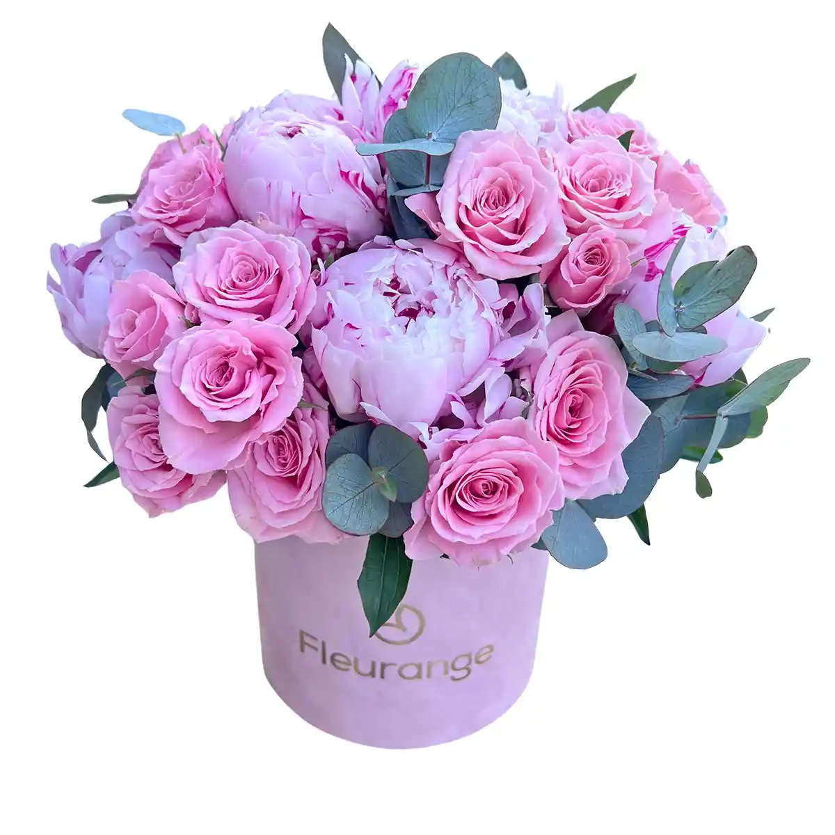Aranjamente Bujori - Aranjament Bujori Dulce – Bujori Roz și Mini-Rosa în Cutie Catifea, Fleurange Baia Mare