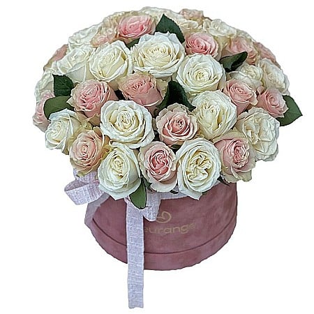 Pentru Mama - Aranjament floral cu 40 trandafiri roz și albi în cutie rotundă – Fleurange