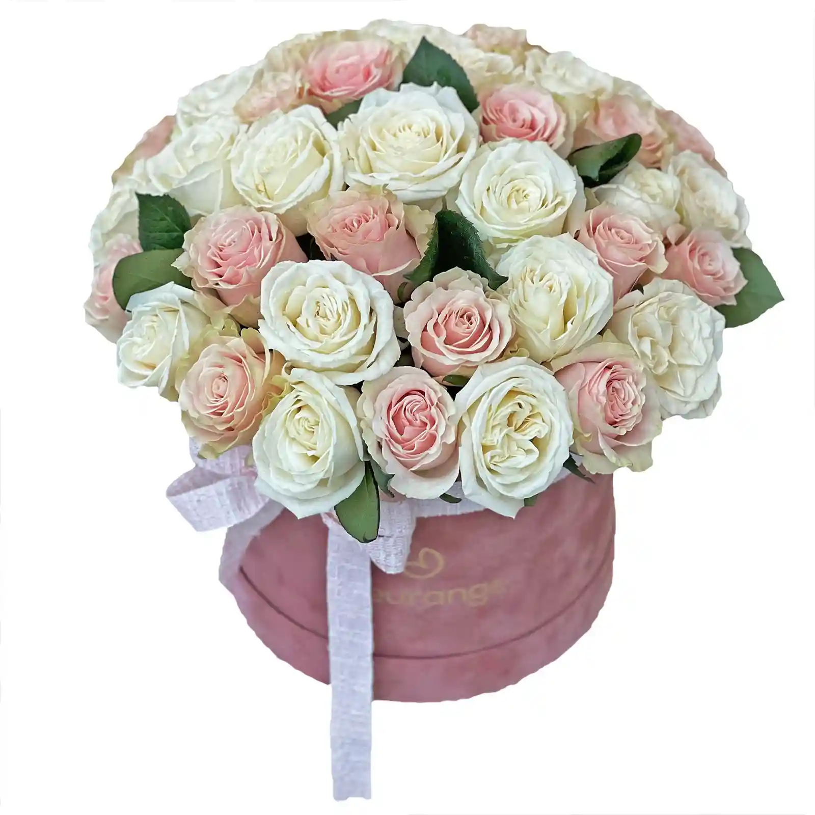 Aranjament cu 40 trandafiri roz si albi in cutie rotunda – Fleurange Baia Mare