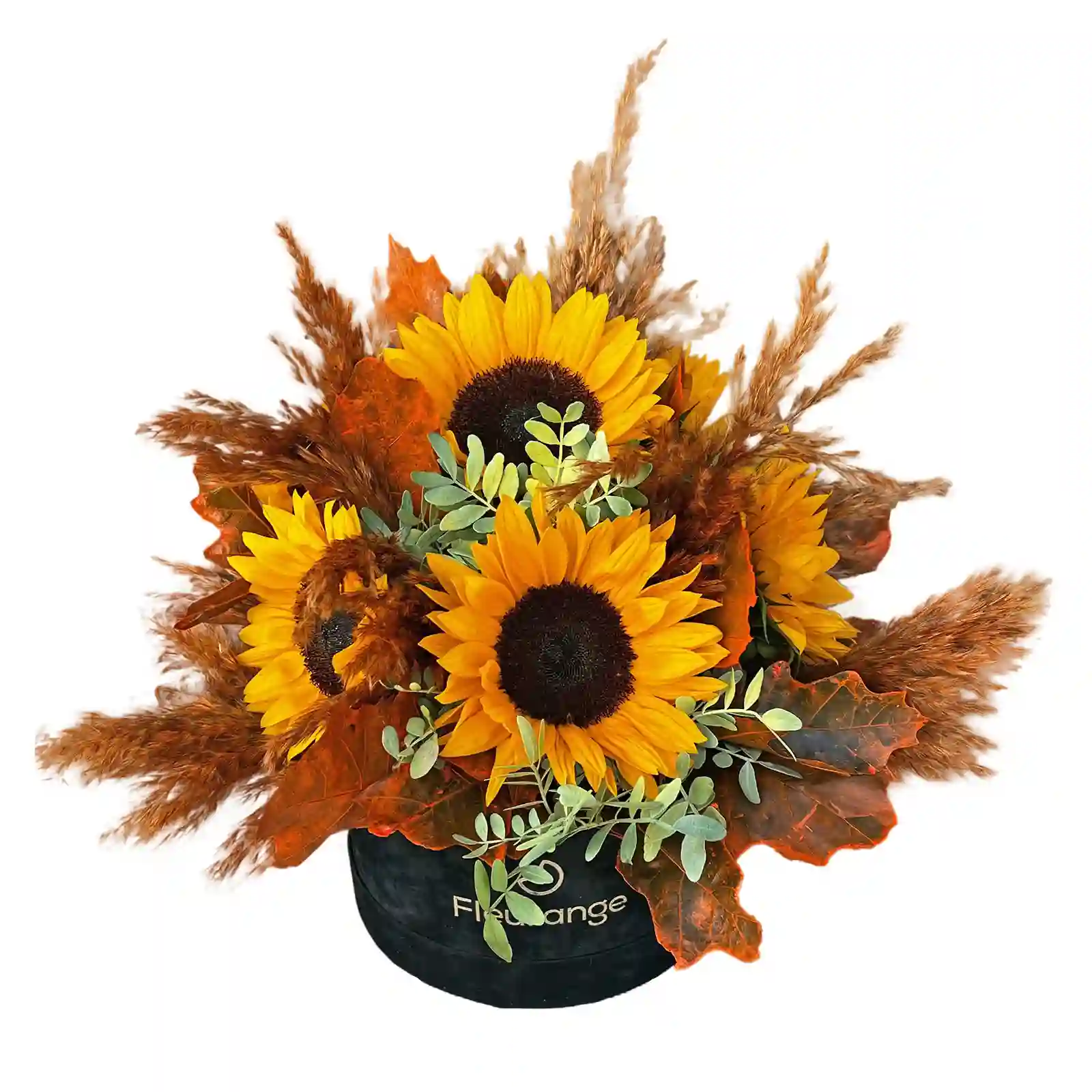 Aranjament cu 7 flori de floarea-soarelui in cutie catifea – Fleurange Baia Mare