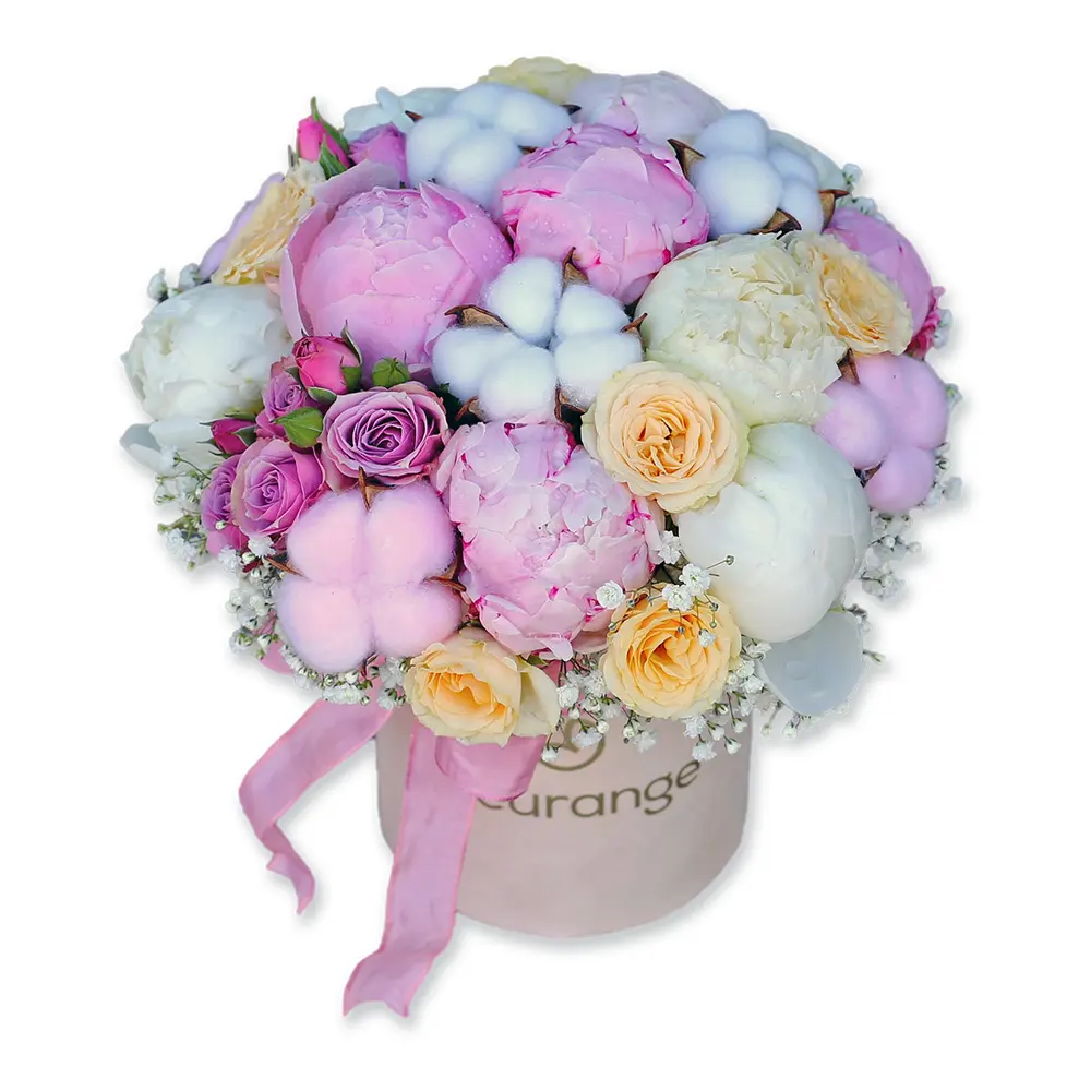 Flori de Primavara - Aranjament cu Bujori Bumbac și Mini Rose – Bujori Roz Mov în Cutie Catifea, Fleurange Baia Mare
