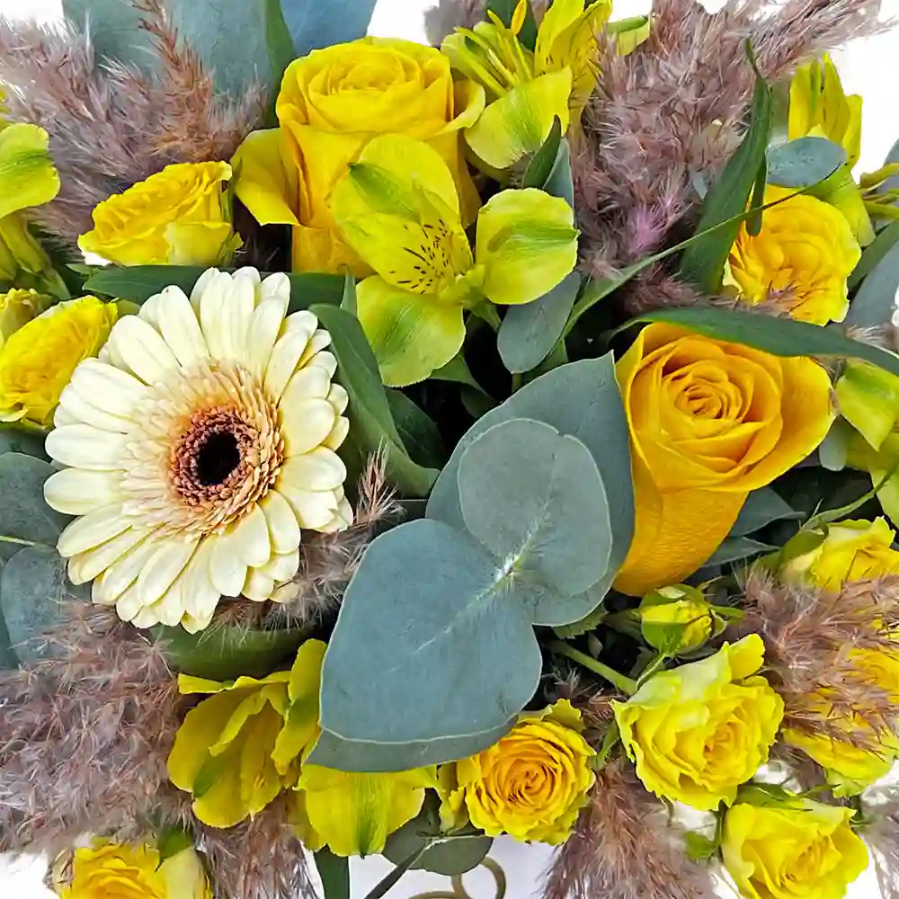 Aranjament cu flori galbene in cutie catifea – trandafiri, crini peruvieni, germini, Fleurange Baia Mare [1]