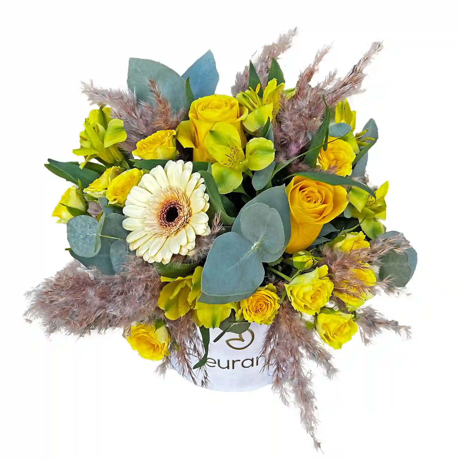 Aranjamente Flori Mixte - Aranjament cu flori galbene in cutie catifea – trandafiri, crini peruvieni, germini, Fleurange Baia Mare