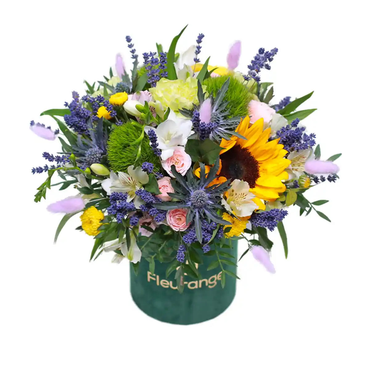 Aranjamente Flori Mixte - Aranjament cu lavanda, garoafe si floarea-soarelui in cutie catifea – Fleurange Baia Mare