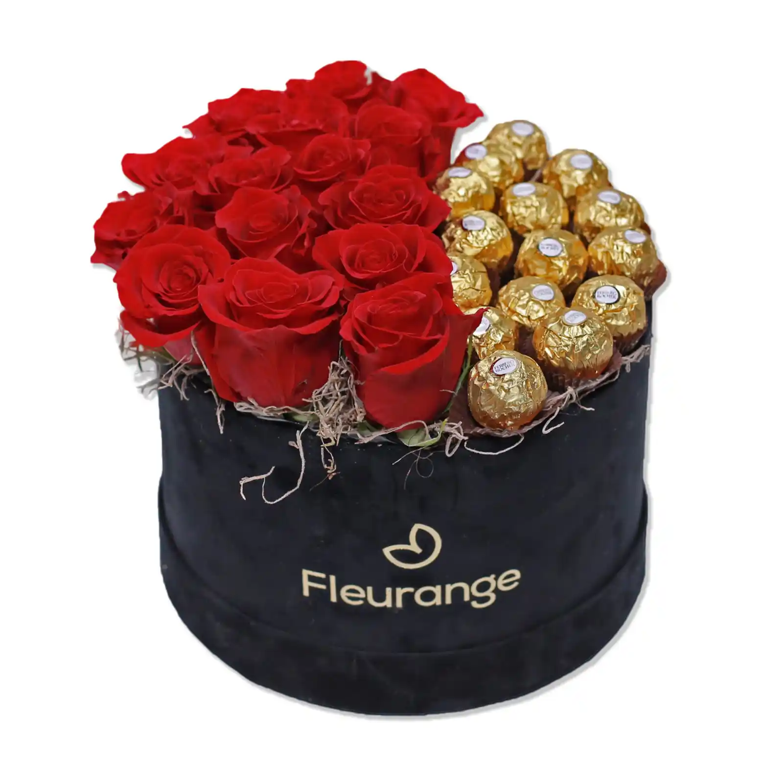 Aranjament cu 15 trandafiri rosii si 15 Ferrero Rocher in cutie catifea – Fleurange Baia Mare