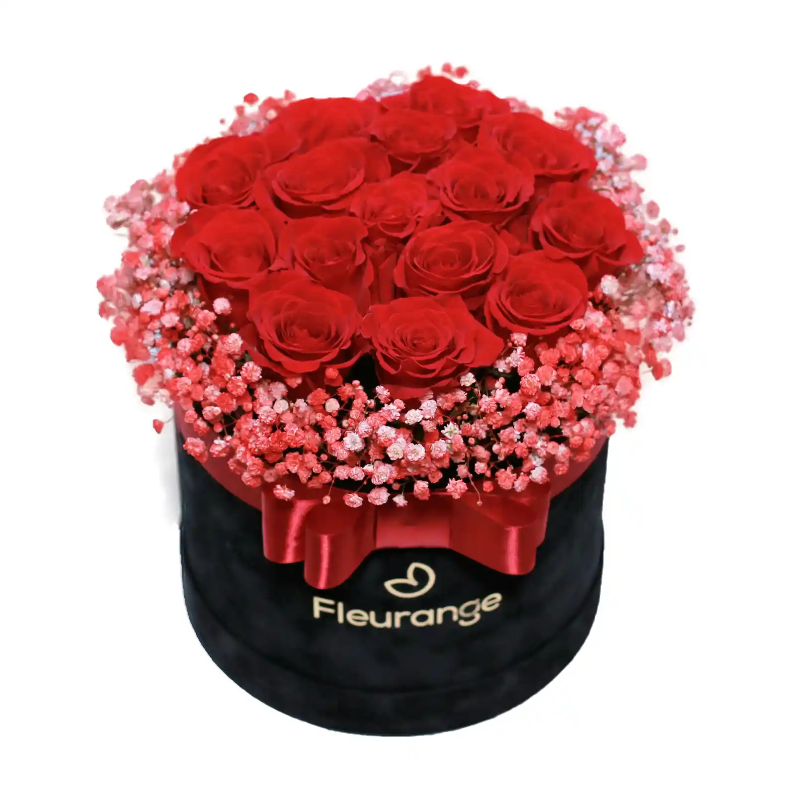 Aranjamente Trandafiri - Cutie cu 15 trandafiri rosii si gypsophila alba – Fleurange Baia Mare