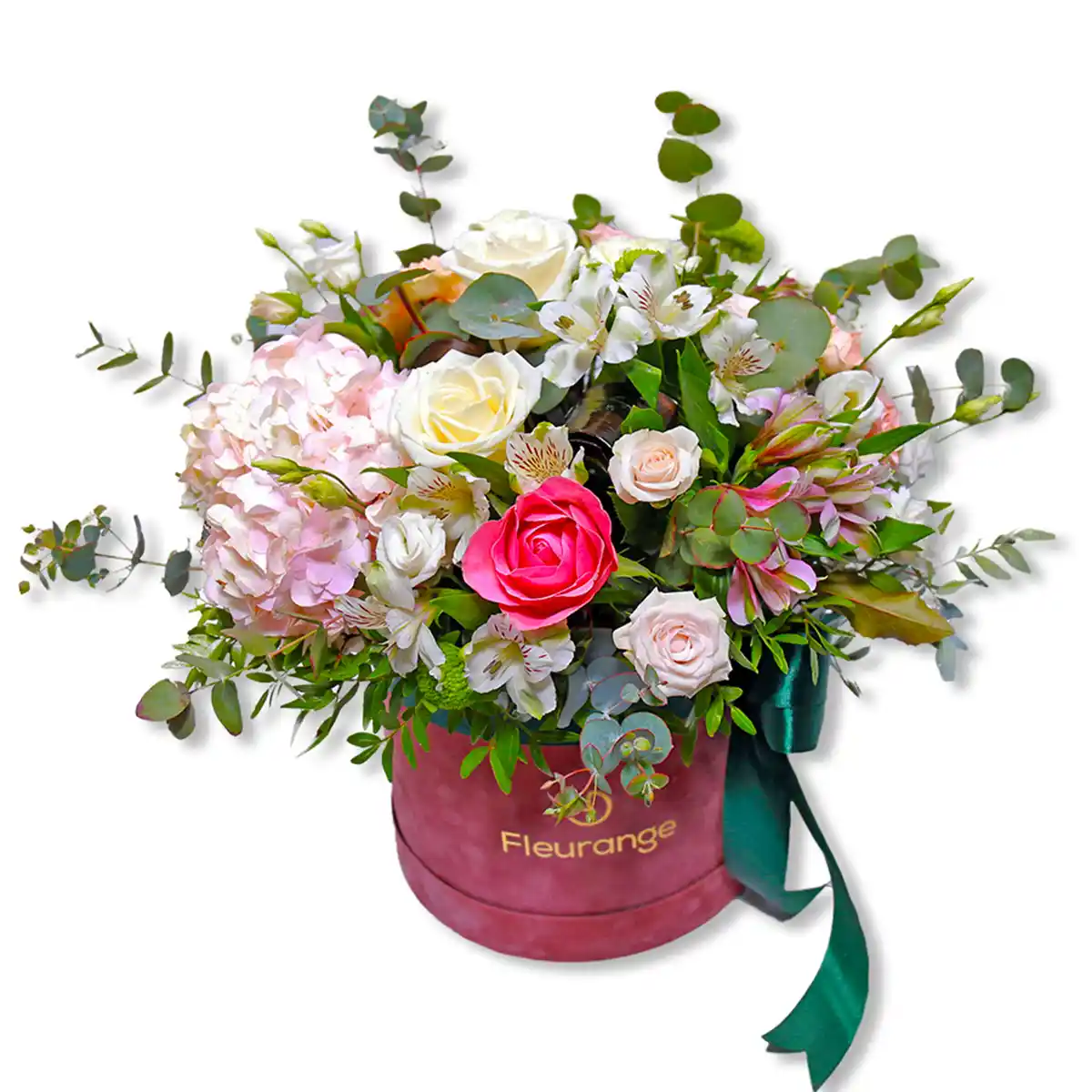 Aranjament A Gift For You – trandafiri, crini peruvieni, hortensia peach roz, Fleurange Baia Mare