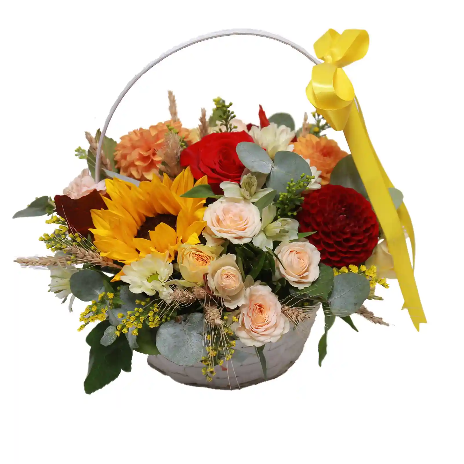 Cos Autumn Basket – dahlia, floarea-soarelui, trandafiri, spice de grau, Fleurange Baia Mare