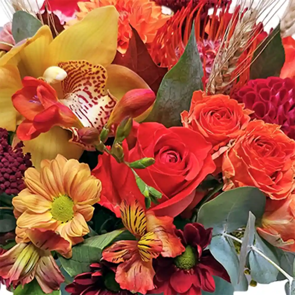 Aranjament Autumn Blooms cu dalii, cymbidium si spice de grau in cutie catifea – Fleurange Baia Mare [1]