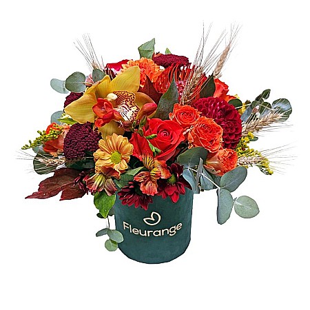 Pentru Bunica - Aranjament floral Autumn Blooms cu dahlia, cymbidium, spice de grâu și trandafiri – Fleurange