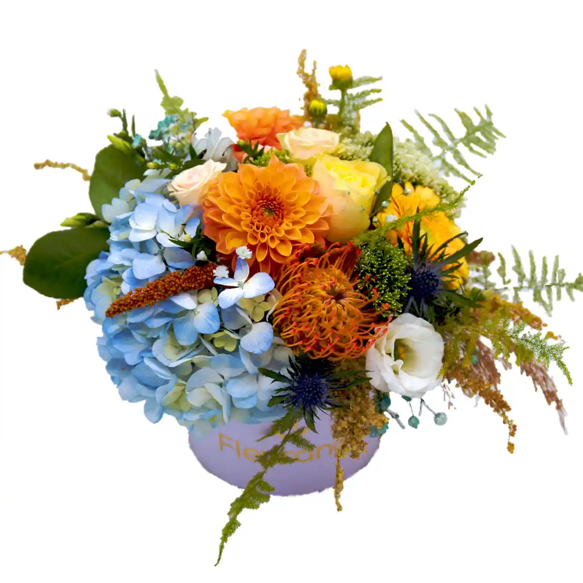 Aranjament Blue & Peach – hortensia, eryngium, dahlia, leucospermum, Fleurange Baia Mare