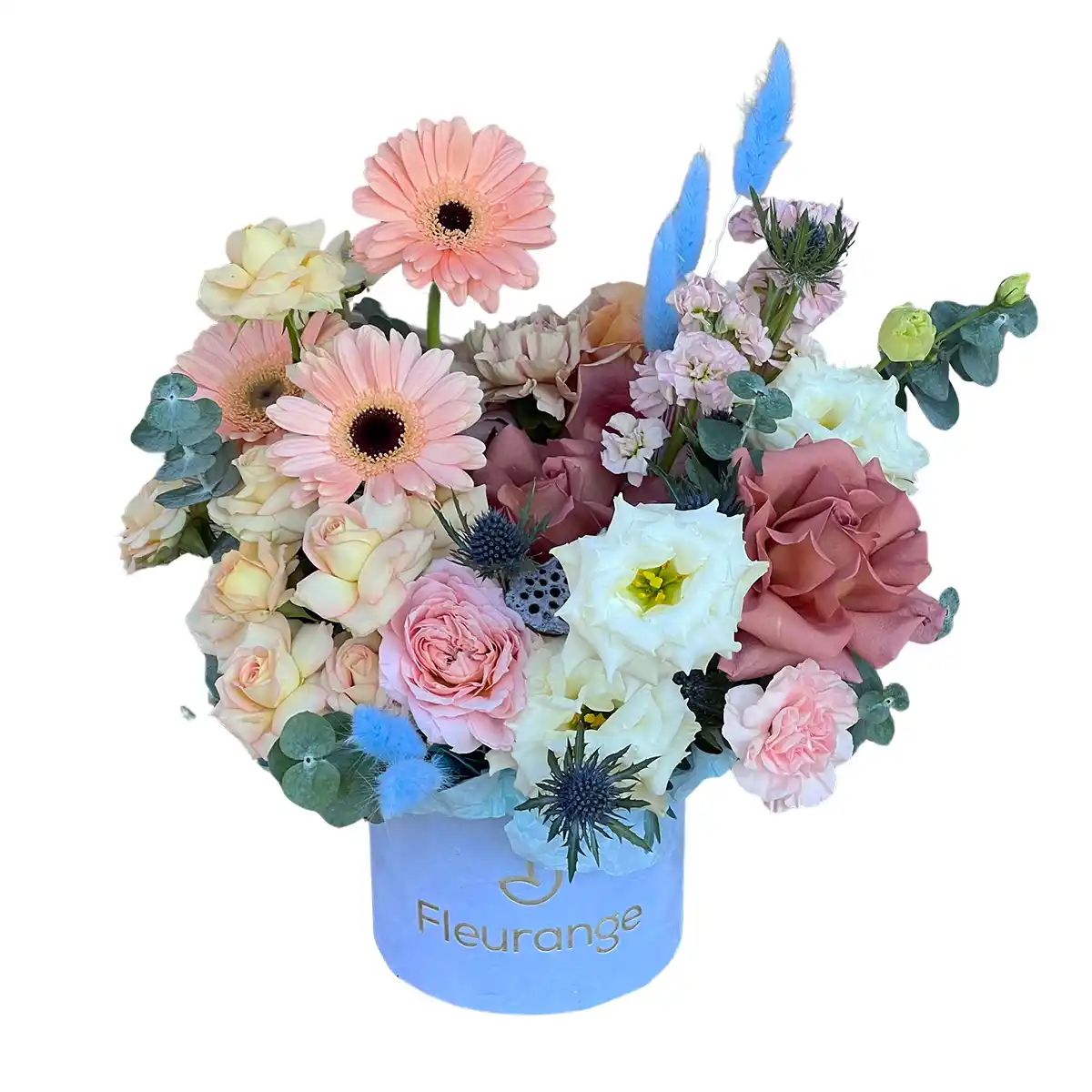 Aranjament Blue & Peach – hortensia, eryngium, dahlia, leucospermum, Fleurange Baia Mare