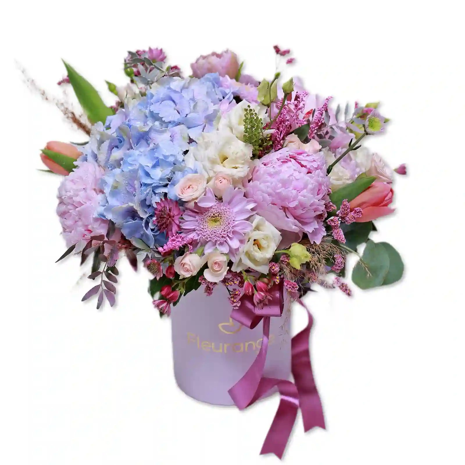Aranjament Cover Me In Flowers – hortensia, bujori, lalele pastel, Fleurange Baia Mare