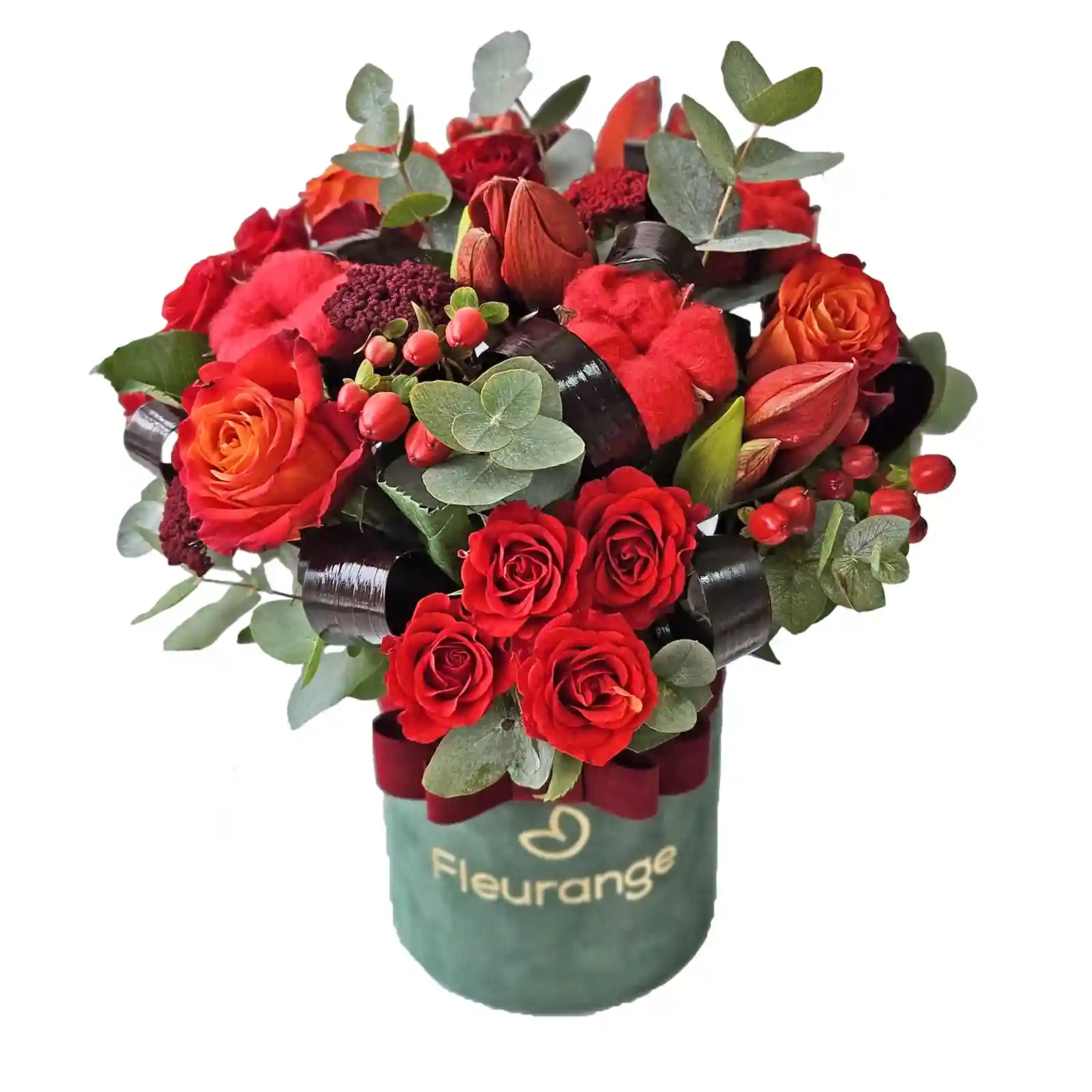 Aranjamente Flori Mixte - Aranjament Floral cu Flori Rosii – Trandafiri, Amaryllis si Bumbac, Fleurange Baia Mare