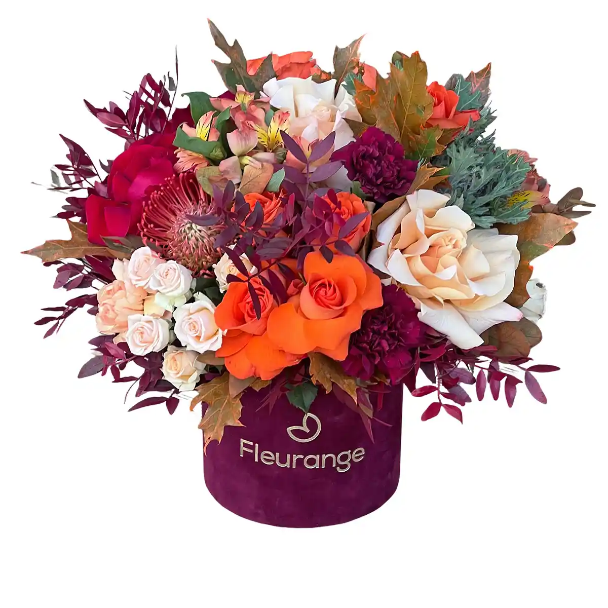 Aranjamente Flori Mixte in Baia Mare - Aranjament toamna cutie - trandafiri petalati leucospermum garoafe, Fleurange Baia Mare
