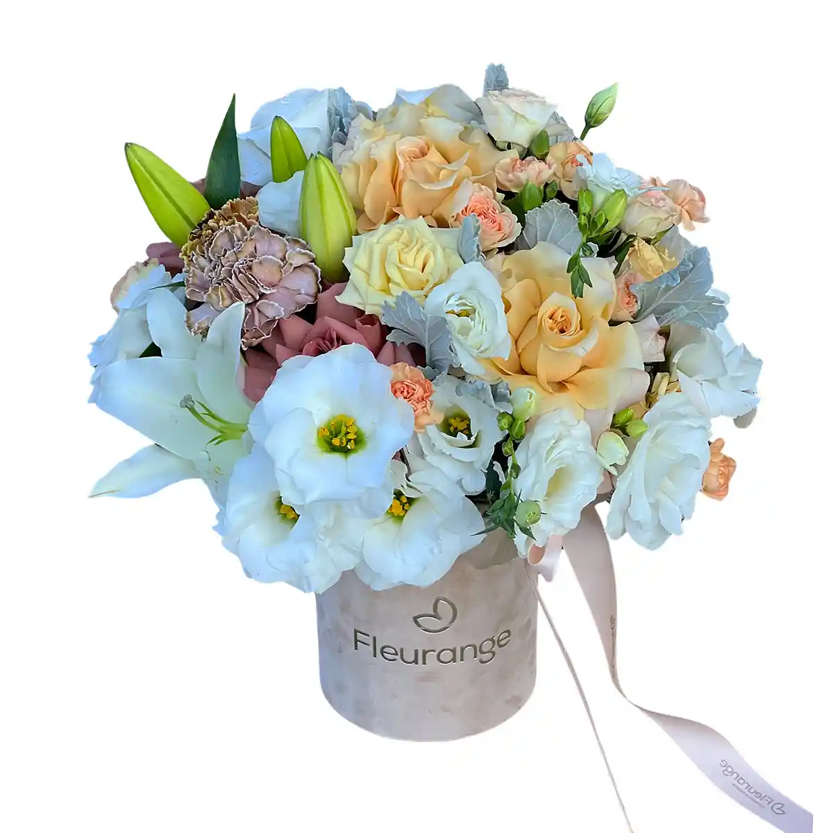 Aranjament Flower Power - lisianthus si trandafiri petalati in cutie catifea, Fleurange Baia Mare
