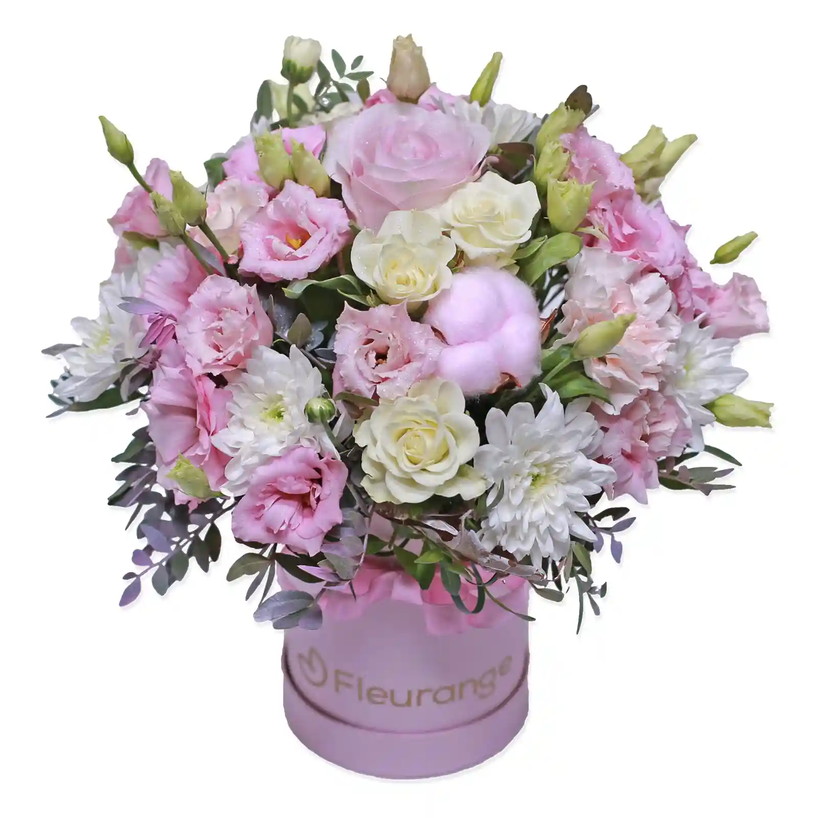 Aranjament Life With Flowers cu lisianthus, trandafir si bumbac in cutie catifea – Fleurange Baia Mare