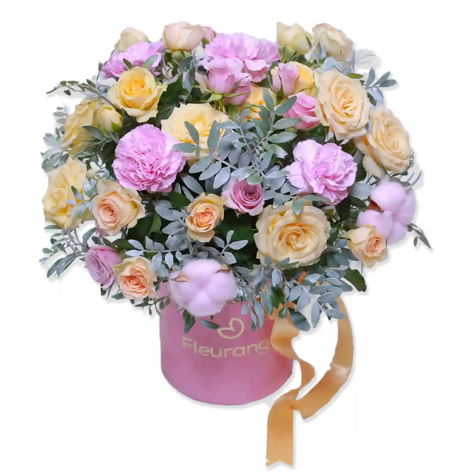 Aranjament Lovely cu garoafe, mini rosa si bumbac in cutie – Fleurange Baia Mare
