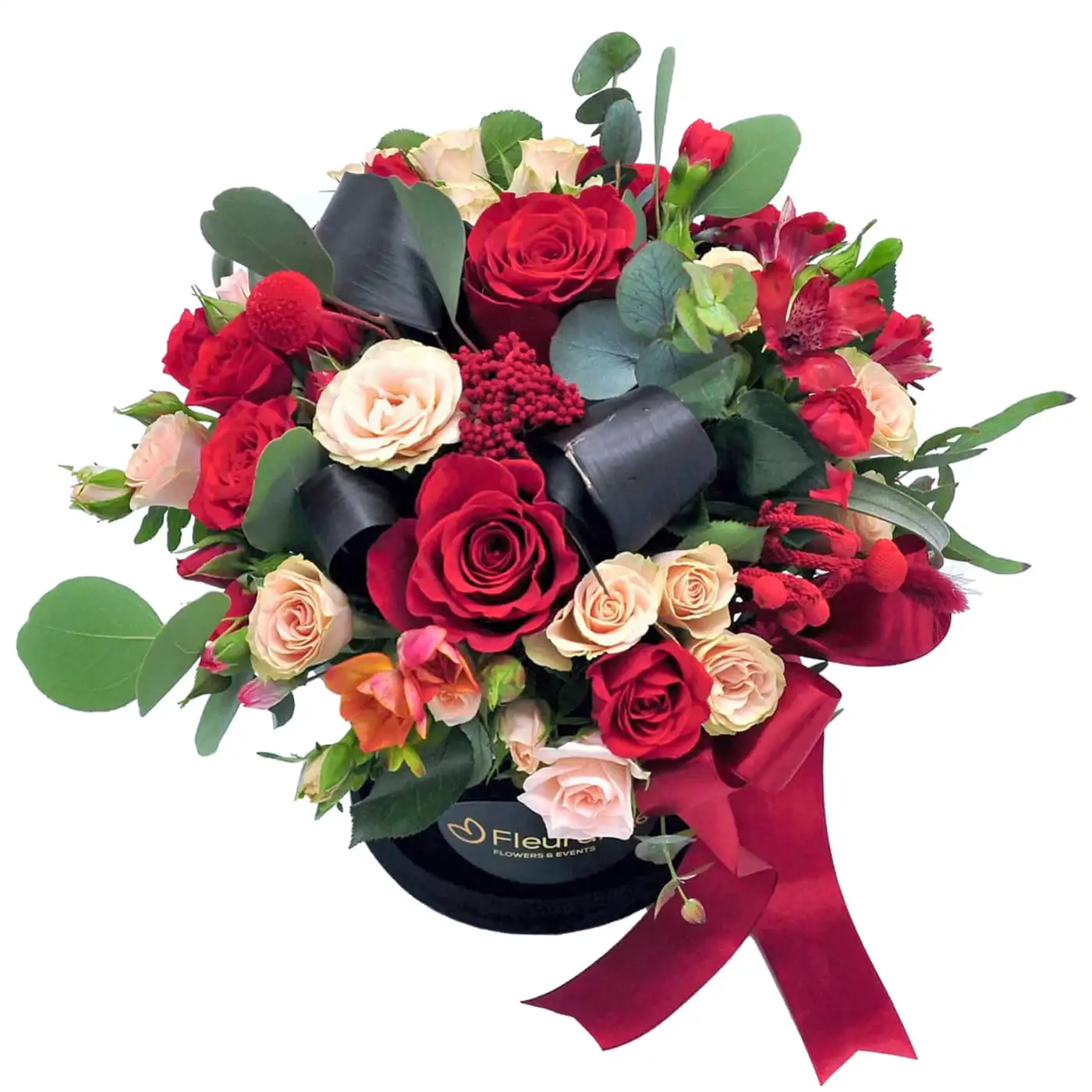 Aranjamente Flori Mixte - Aranjament Floral Passion – trandafiri roșii, crini peruvieni, mini-rosa, cutie Fleurange Baia Mare
