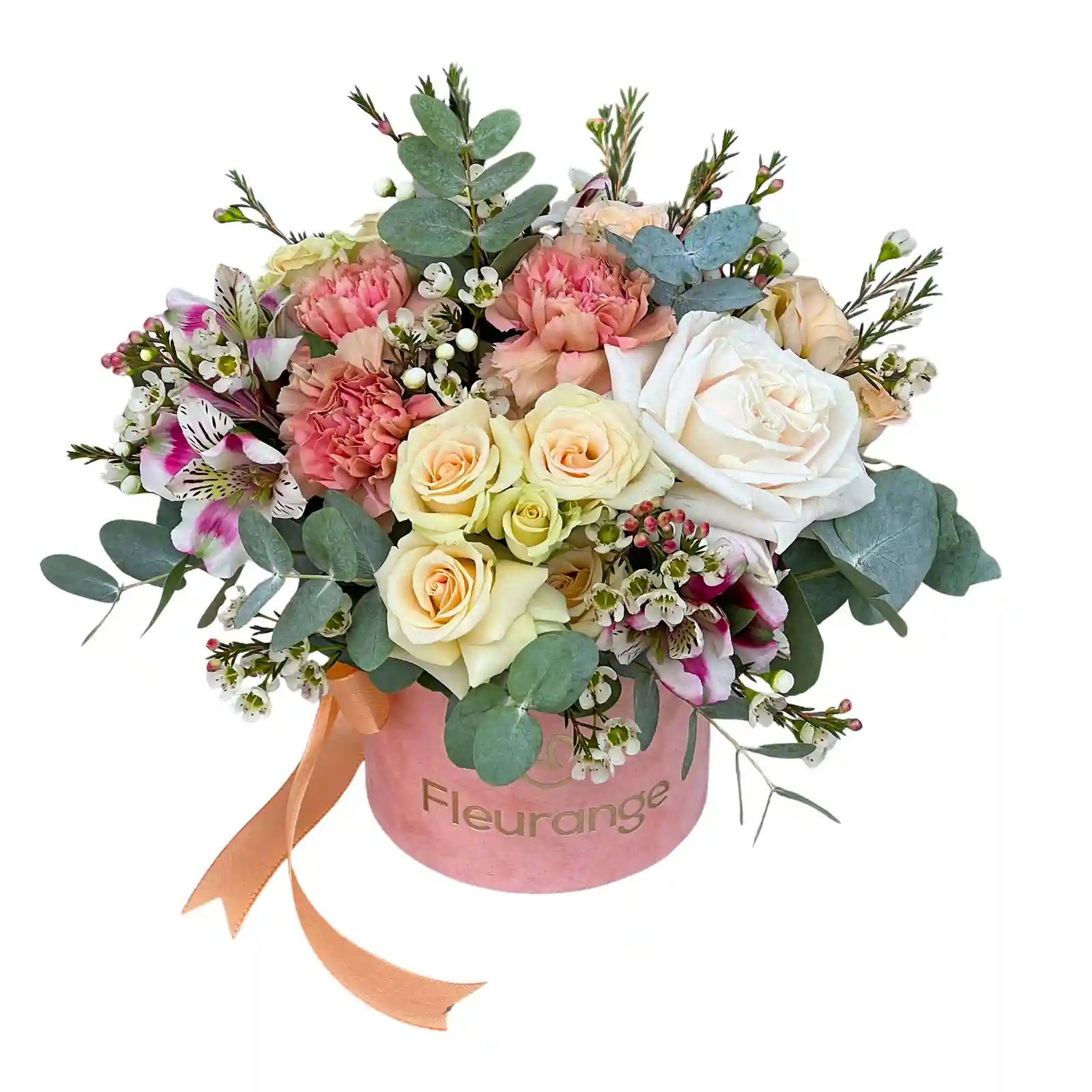 Flori de Sezon - Aranjament Floral Peach – garoafe, crini peruvieni, mini-rosa, cutie catifea Fleurange Baia Mare