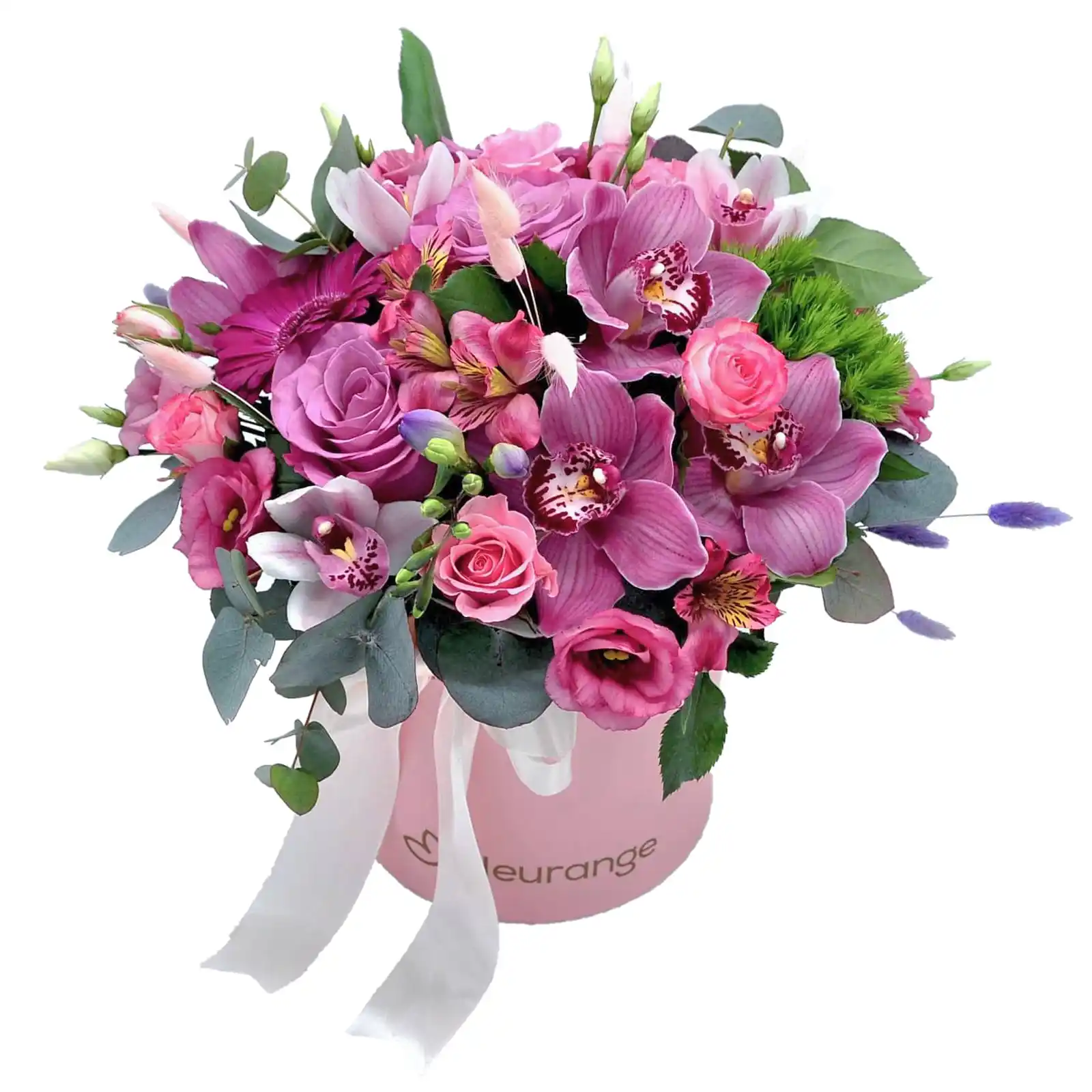 Aranjament Floral Pinky – trandafiri, cymbidium, frezii roz, cutie Fleurange Baia Mare