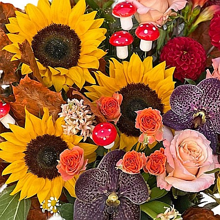 Aranjament floral de toamnă cu floarea-soarelui, dalii și trandafiri – Fleurange [1]