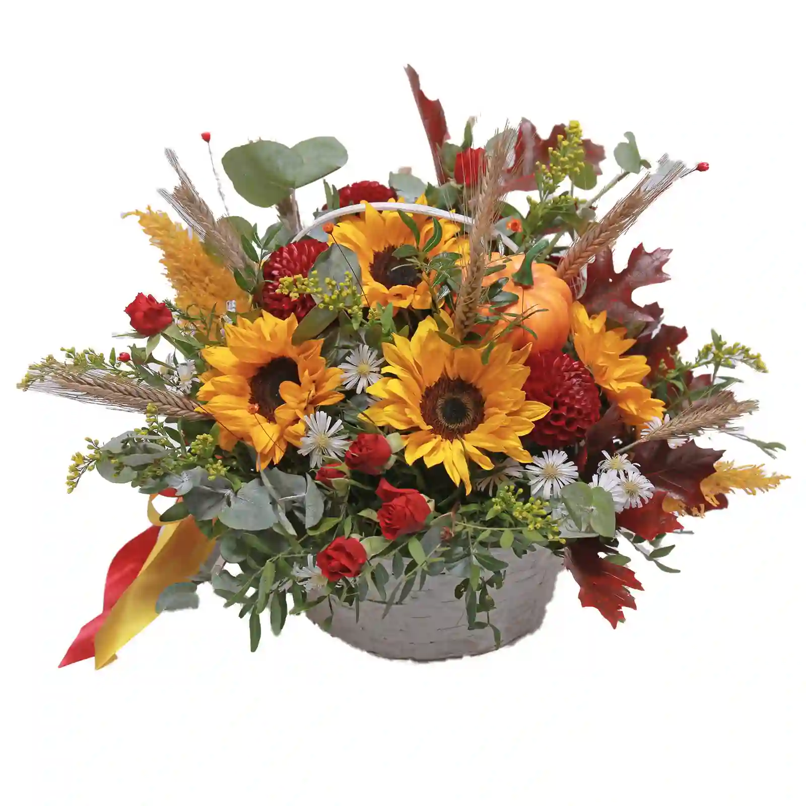 Cos Simfonie de Toamna – floarea-soarelui, dahlia, trandafiri, spice de grau, Fleurange Baia Mare