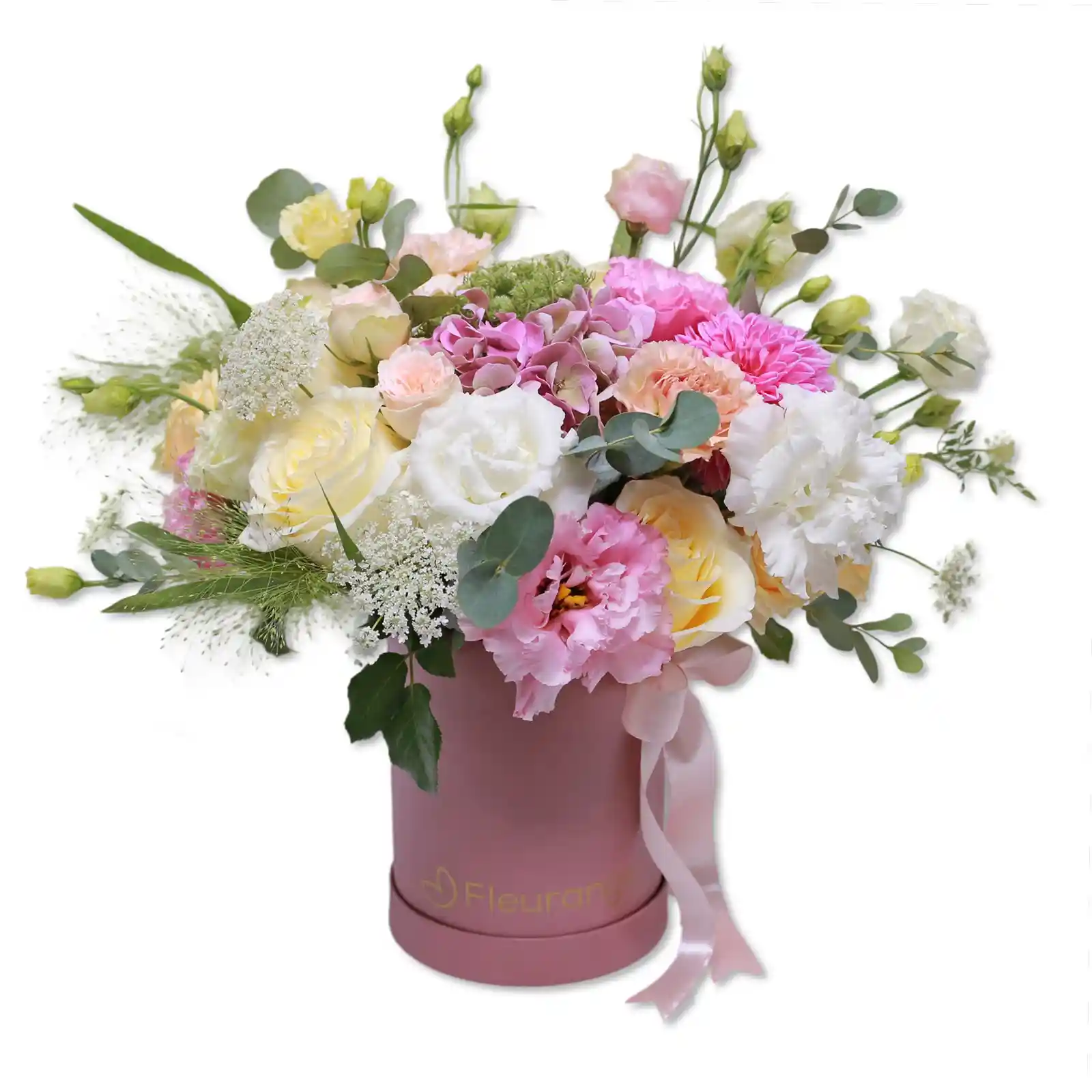 Aranjament Floral Wonderful – trandafiri, hortensii, dahlia peach si roz, Fleurange Baia Mare