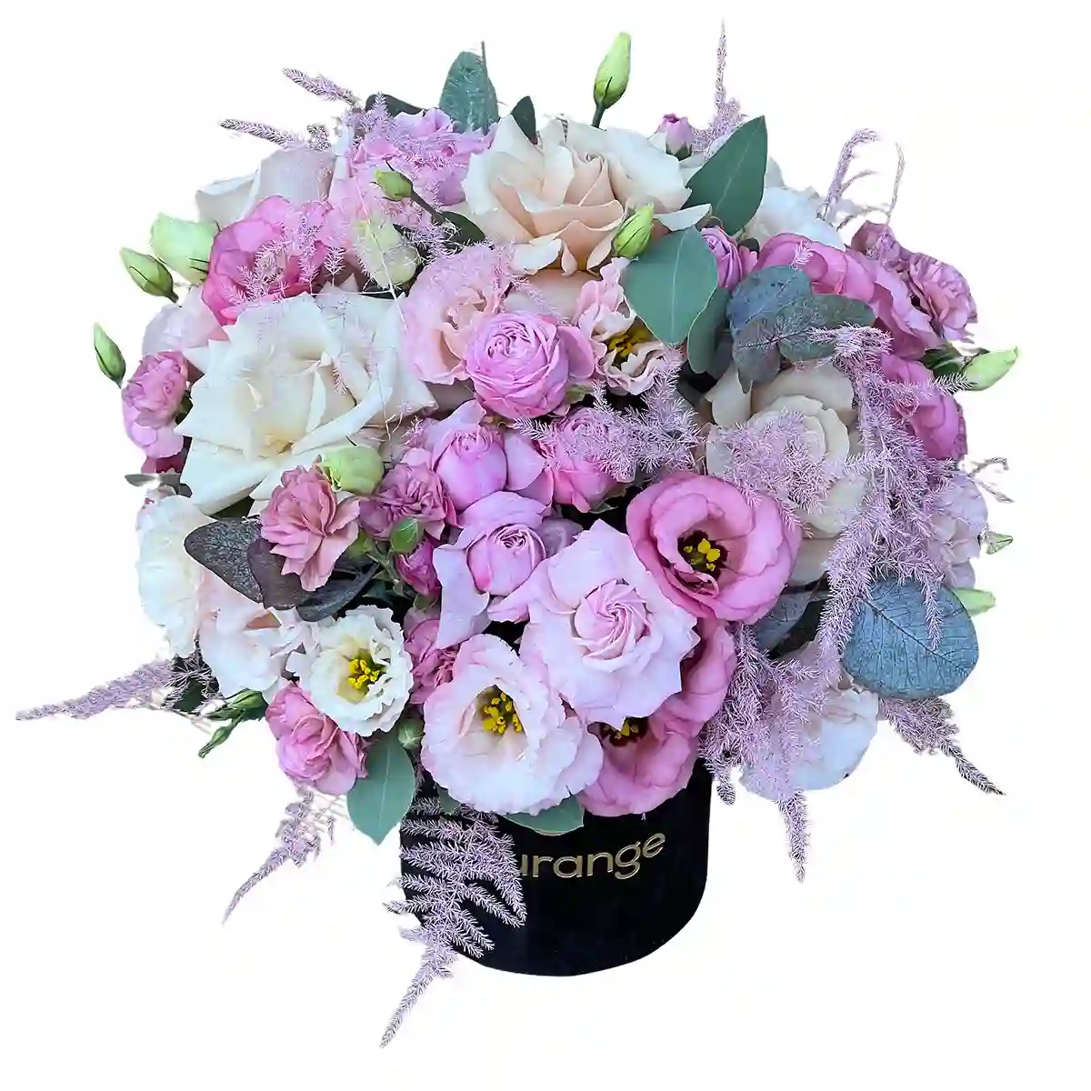 Aranjament Flower Power - lisianthus si trandafiri petalati in cutie catifea, Fleurange Baia Mare