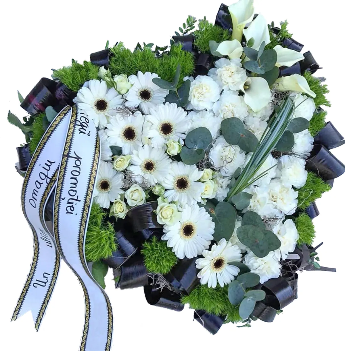 Funerar - Aranjament Funerar Inima – garoafe cale mini-gerbera sweet williams, Fleurange Baia Mare